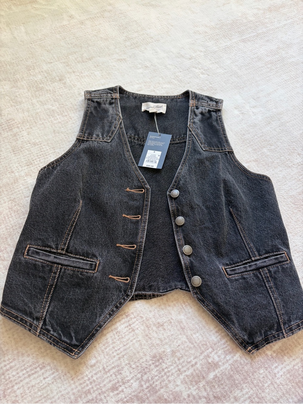 Womens Black Denim Vest Jacket - Classic Button Front